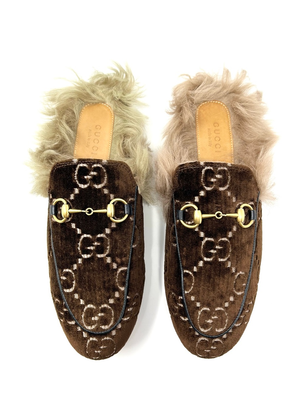 Gucci Princetown Brown Velvet GG Logo Monogram Fur Horsebit Mules Loafers 37 7